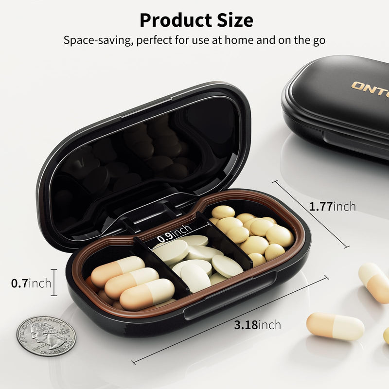 ONTERATE Small Pill Box, 3 Compartments Small Pill Case for Purse Pocket, Removable Divider Travel Pill Organizer, Moisture Proof Portable Mini Pill Container Medicine Organizer for Vitamins (Blue) Blue