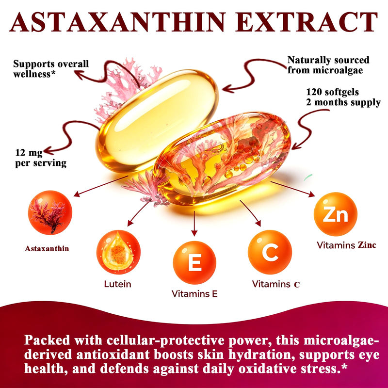 Astaxanthin 12mg Softgels, Potency Astaxanthin Supplements from Microalgae | Triple Strength with Lutein, Vitamin C, E & Zinc, Antioxidant for Eye, Skin & Vision Support, Non-GMO, Gluten Free, 120 Count