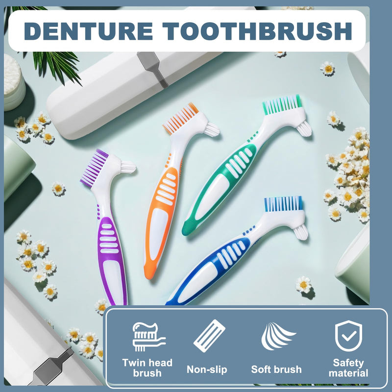 4 Pieces Dual Sided Denture Brush with 2 Case, False Teeth Denture Toothbrush, Dental Cleaning Brush for Retainer Brace with Multi-Layered Soft Bristles and Anti-Slip Handle (5 Colors)
