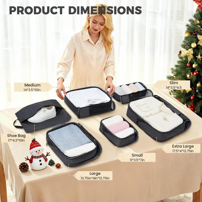 6 Set Lightweight Compression Packing Cubes with Packing List, Anti-Tearing Expandable Organizer Bags for Travel, (Dark Grey) Dark Grey