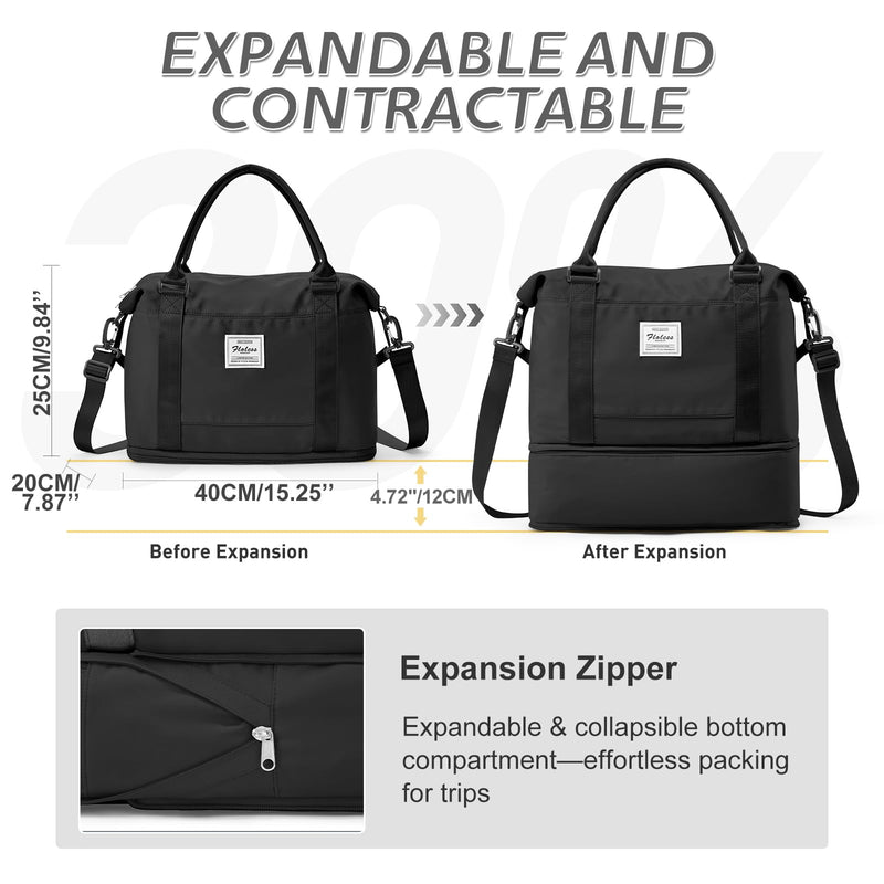 Travel Duffel Weekender Bag Women Tote Carry On Bags With Shoe Compartment | 18x14x8 inches Travel Overnight Bags with Trolley Sleeve for Airplanes Sport Tote Gym for Men Lightweight Daypack Black..