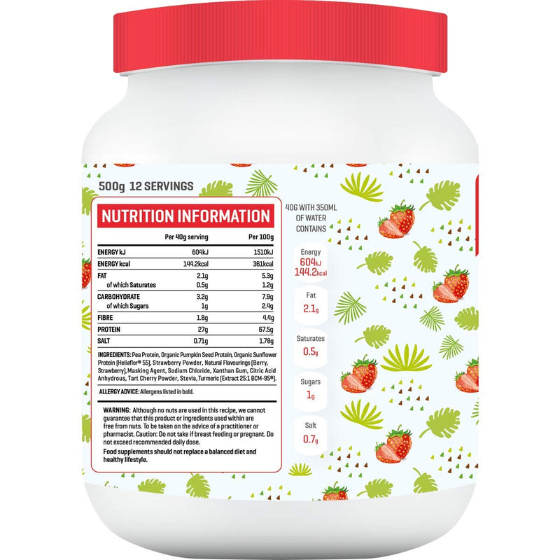 Vegan Protein Powder Blend | Contains Organic Turmeric | Organic Pea Protein Powder | Lactose Free | Dairy Free Shake in Vanilla, Strawberry, Wild Berries & Coconut (Strawberry)