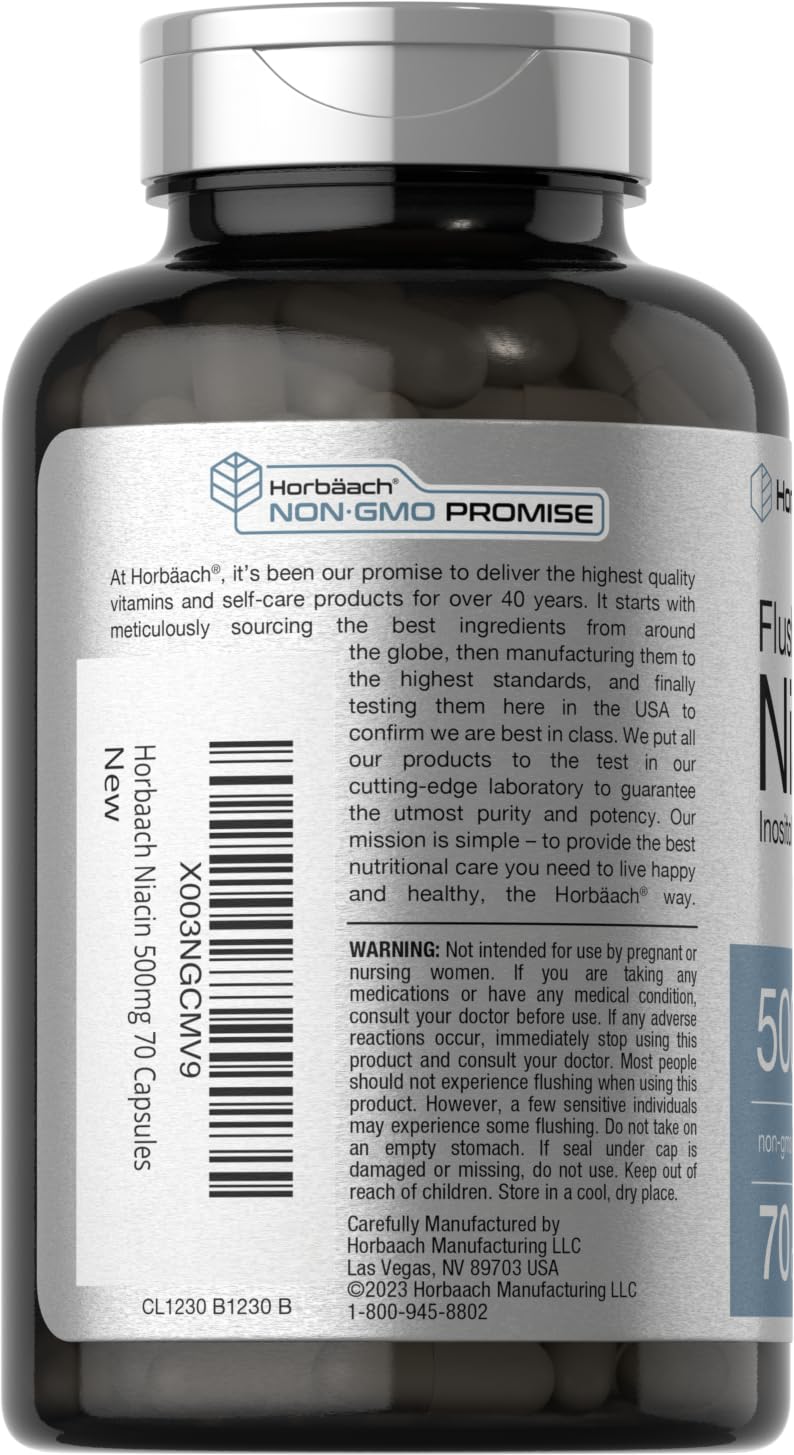 Horbaach Niacin 500mg Flush Free | 70 Capsules | Inositol Hexanicotinate | Vitamin B3 | Non-GMO & Gluten Free