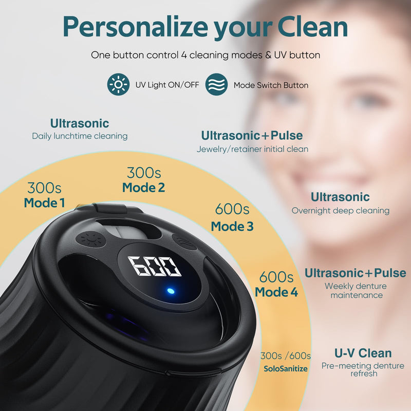 [Australia] - Ultrasonic Retainer Cleaner Machine- 45kHz Denture Cleaner, 200ML Dental Cleaning Pod for Aligners, Mouth Night Guards, Toothbrush Heads & Jewelry, 4 Cleaning Modes, Digital Timer, Black 