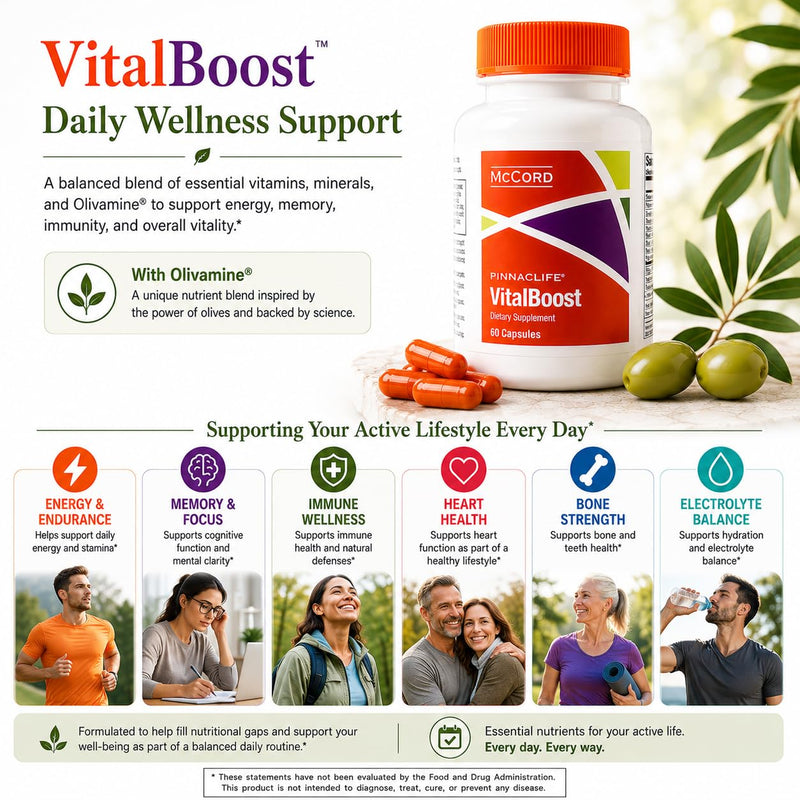 McCord VitalBoost Energy, Memory & Immunity Supplement with Vitamin D3, Magnesium, Zinc, Potassium & Olivamine, Supports Heart, Bone, Cognitive & Immune Health, Gluten-Free, 60 Capsules