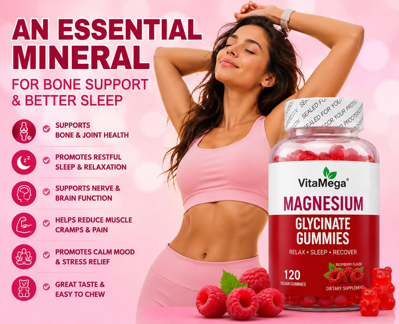 Magnesium Glycinate Gummies 120 Vegan Gummies | High Absorption Magnesium Supplement for Women & Men | Sleep, Relaxation & Muscle Support | Raspberry Flavour | Sugar Free Magnesium Gummies