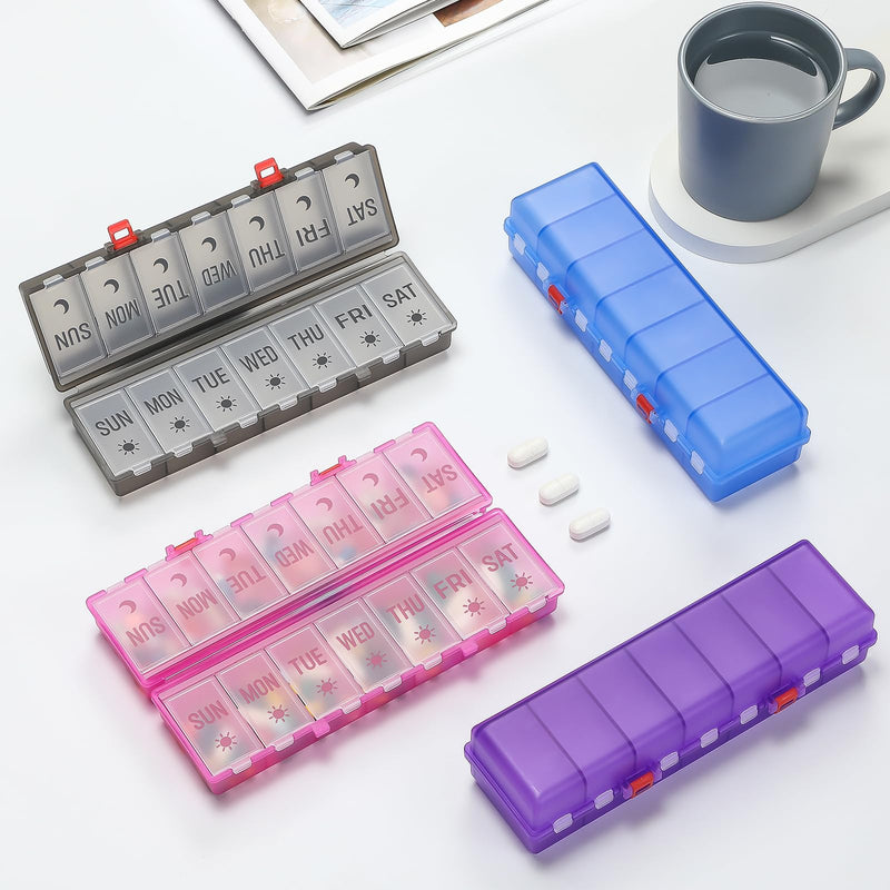 Foldable Pill Organizer 2 Times a Day w/Etched Labels -Dual Protection & Portable Weekly AM PM Pill Box, 7 Day Medicine Container, Large Travel Pill Case for Daily Supplement Vitamin -Clear Black Clear Black