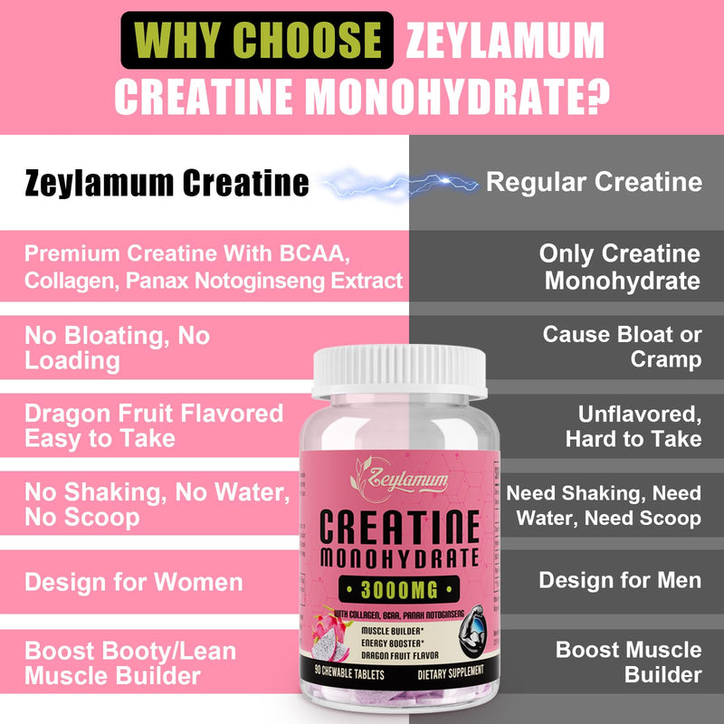 [Australia] - Creatine Monohydrate for Women, Creatine Supplement 3000mg, with Hydrolyzed Collagen, BCAA, Creatine for Booty Gain, Muscle Growth, Increased Strength, Enhanced Energy and Performance, 30 Servings 90 Count (Pack of 1) 