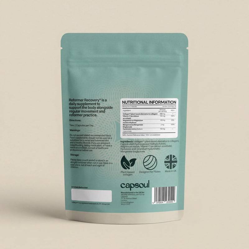 Capsoul Reformer Collagen for Women - Muscle Recovery Supplements with Magnesium, Hyaluronic Acid & Vitamin C - Pilates Movement Formula for Post Workout & Joint Support - 60 Vegan Capsules
