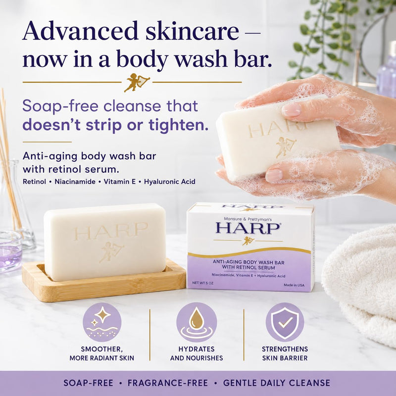 HARP® Anti-Aging Body Wash Bar with Retinol – pH Balanced Syndet Cleanser, Fragrance Free, Soap-Free & No Lye, Non-Comedogenic, With Niacinamide, Hyaluronic Acid & Vitamin E, 3-5oz Bars. Anti-Aging - Fragrance Free 3 Bars