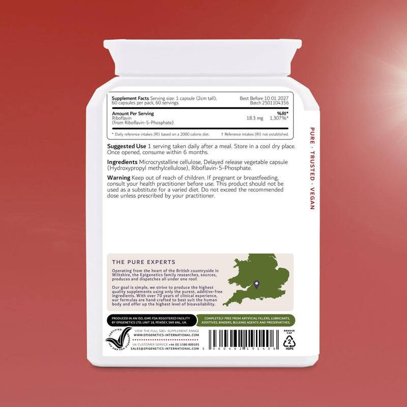 Riboflavin-5-Phosphate Delayed Release (DR) | High Strength Vitamin B2 R5P 18.3mg Per Serving | 60 Vegan Friendly Capsules UK Made | Long 2 Month Supply