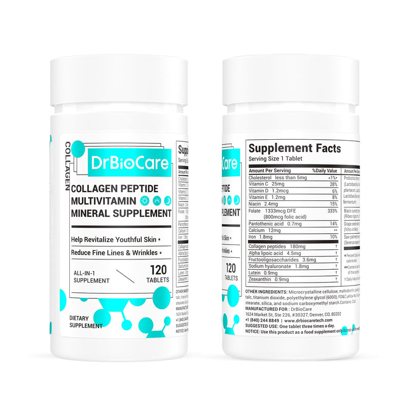 DrBioCare Collagen Peptides for Women, Beauty Vitamin & Mineral Supplement,Contains Vitamin D3, Probiotics for Women & Collagen Peptides,Vitamin E,Vitamin B Complex - Made in USA - 120 Tablets Unflavored 120 Count (Pack of 1)