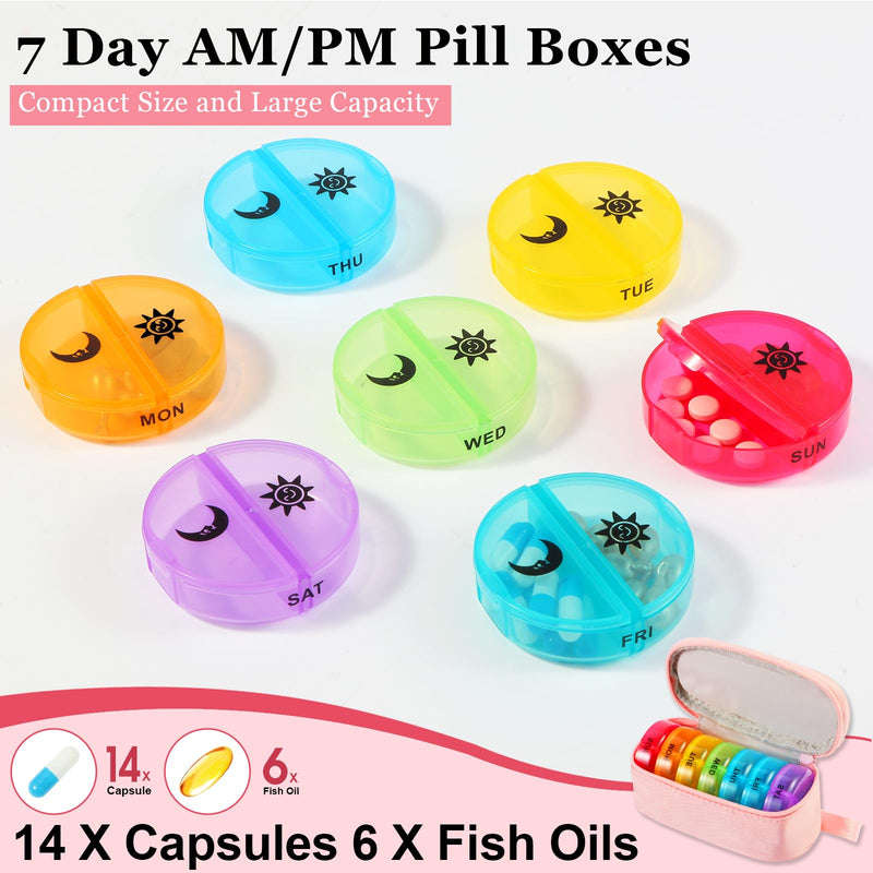 Weekly Pill Organizer 2 Times a Day, Travel Pill Box 7 Day with Large Opening, Pill Case with Handle, Pill Dispenser Medicine Organizer for Vitamins, Fish Oils, Medications, Supplements (Pink, Small) Pink
