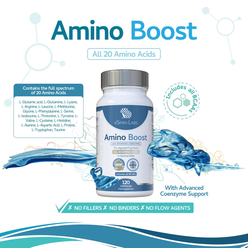 Amino Boost - Full Spectrum 20 Amino Acids Supplement 120 Vegan Capsules |Includes All BCAAs - Free Form pre-digested Amino Acids with Added Advanced Coenzyme Support. No Additives - UK Made