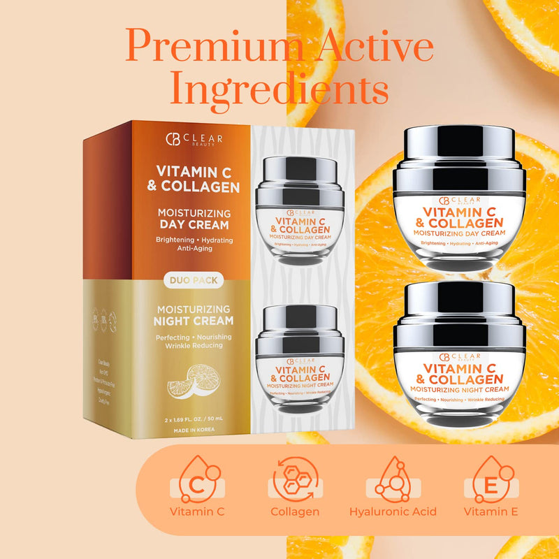 Clear Beauty Vitamin C & Collagen Face Moisturizer - Hydrating Anti Aging Day & Night Cream - Firms Smooths & Evens Skin Tone - Dermatologist Tested, Korean Skin Care Set, Clean Beauty - Duo Pack Vitamin C & Collagen (Day & Night Duo Set)