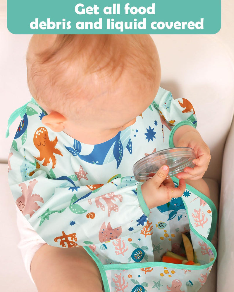 [Australia] - Lictin Baby Bibs for Boys Girls - Long Sleeve Bib, Waterproof Toddler Bibs, 0-24 Months Neutral Baby Smock for Eating Orange Elk/Light Blue Unicorn/Yellow Raccoon/Pink Hedgehog/Green Whale 