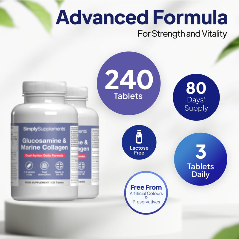 Glucosamine & Marine Collagen | Dual-Action Formula | 240 Fast Absorption Tablets = Up to 8 Months’ Supply | Marine Sourced | Made in The UK in Accordance with GMP Standards Unflavoured 120 count (Pack of 2)