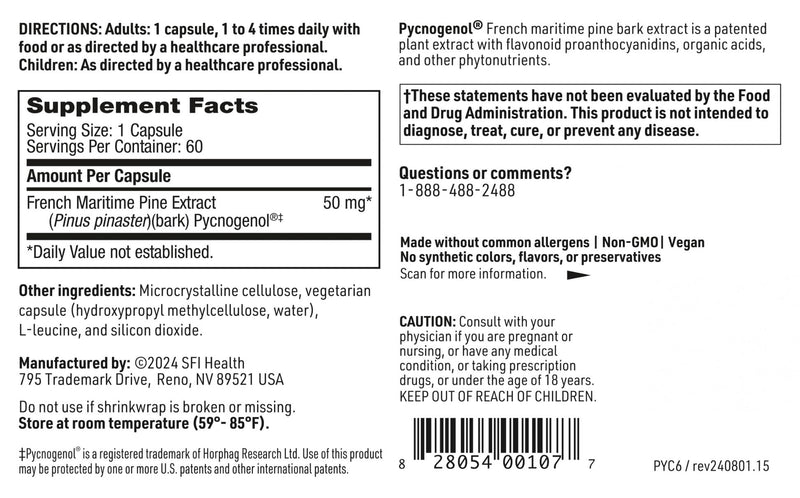 [Australia] - Klaire Labs SFI Health Pycnogenol 50 mg - Hypoallergenic Antioxidant Supplement with French Maritime Pine Bark Extract - Gluten-Free, Soy-Free 50mg Pycnogenol Extract (60 Capsules) 