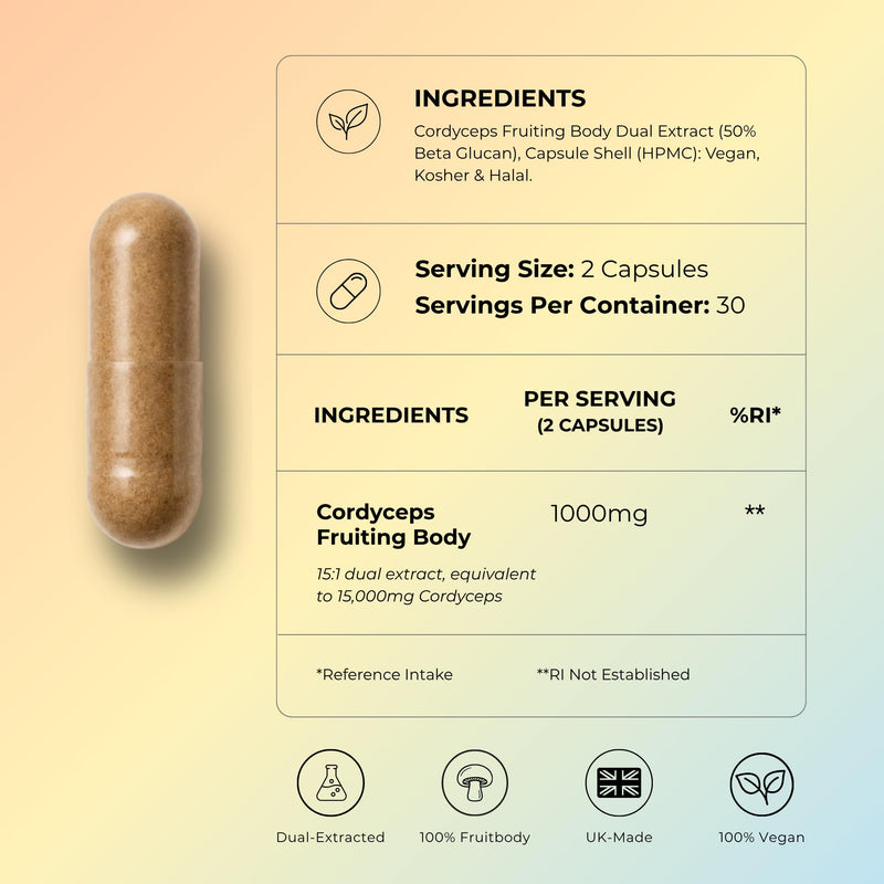 Cordyceps Super Strength Extract | Premium Cordyceps Mushroom Capsules | Dual Extract Vegan Capsules with 50% Beta Glucan | Supplement for Energy, Stamina & Immune Support – 60 Count