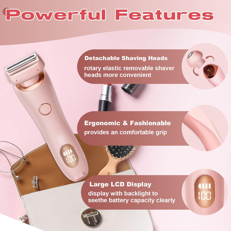 [Australia] - Livora Electric Shaver for Women,2 in 1 Wet & Dry Painless Hair Removal with 2 Removable Heads,Rechargeable Cordless Womens Razor for Bikini,Legs,Arms,Underarm Area,IPX7 Waterproof(Pink) Pink 