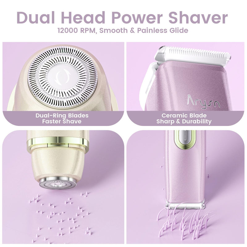 Bikini Trimmer for Women, 2 in 1 Dual Head Rechargeable Electric Shaver, Painless Pubic Hair Trimmer for Underarm Leg Arm Body Face– IPX7 Waterproof & Travel-Friendly, GoldPurple