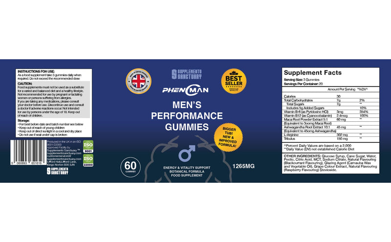 Phenoman Male Extreme Gummies, 1265mg per Serving, with Maca, Vitamin B6, B12, Ashwagandha, L-Arginine, Tribulus Terrestris, 60 Gummies, Phenomenon Gummies