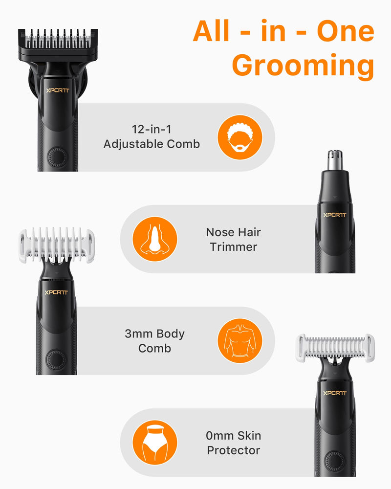 [Australia] - [2025 Upgraded] Beard & Nose Hair Trimmer Kit, [All-in-One] 12 in 1 Rotating Comb, Travel Body Hair Electric Shaver for Men, USB-C Fast Charging, Painless Razor Waterproof Wet/Dry, Black(Pack) Pack Version 