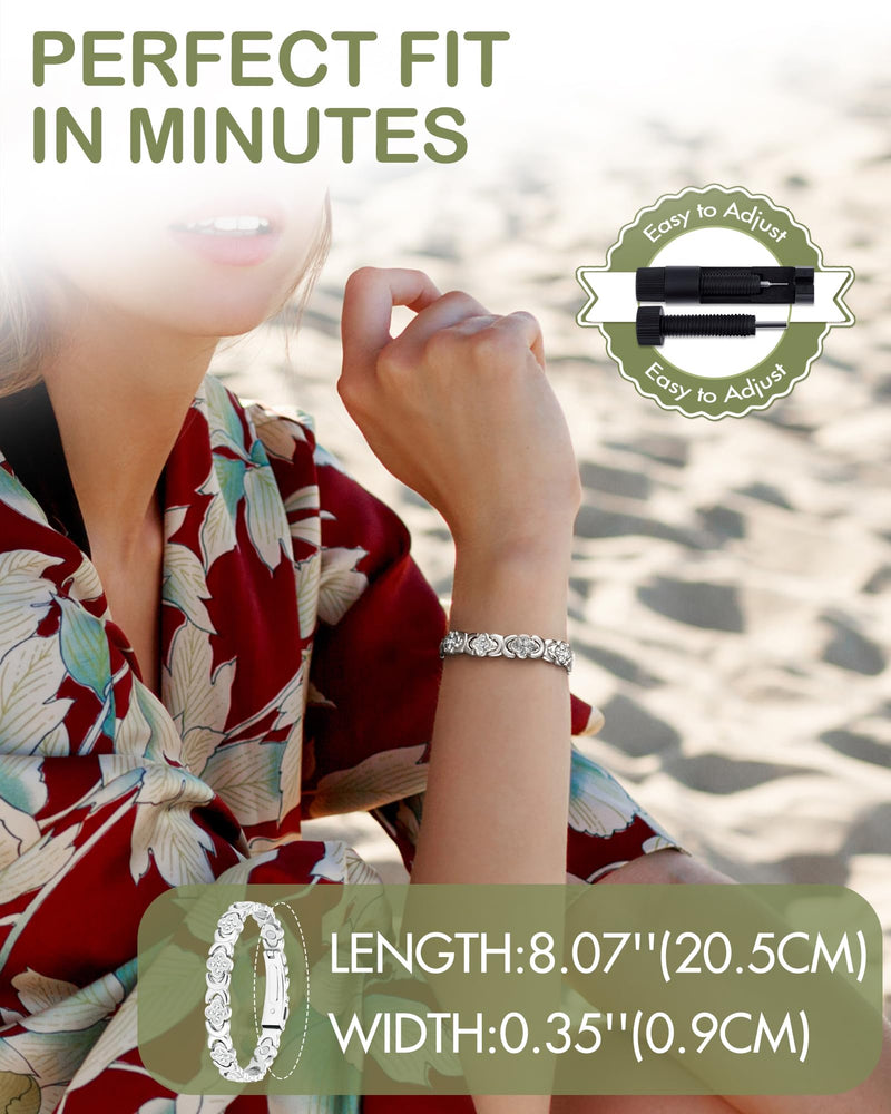 [Australia] - Feraco Magnetic Bracelets for Women with 3800 Gauss Effective Magnets, Stainless Steel Bracelet with Sparkling Zirconia, Infinite Symbol Silver Clover 