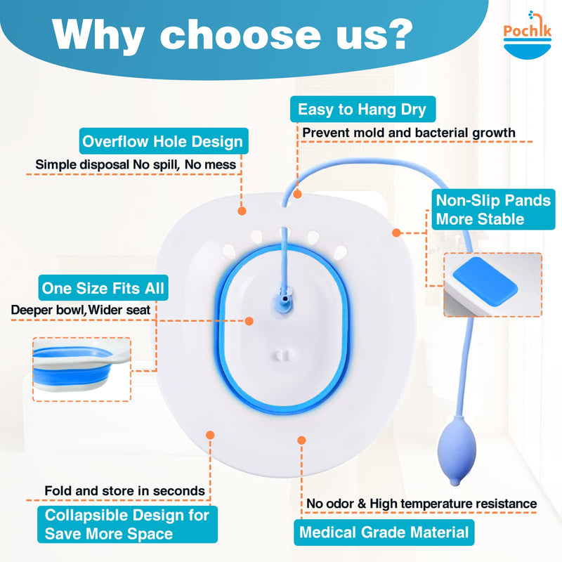 [Australia] - Sitz Bath, Sitz Bath for Hemorrhoids, Sitz Bath for Toilet Seat, Postpartum Care, Sits Bath Kit for Women, Collapsible, Flusher Hose, Drain Holes, Wider Seating Area, Deeper Bowl Blue + Flusher 