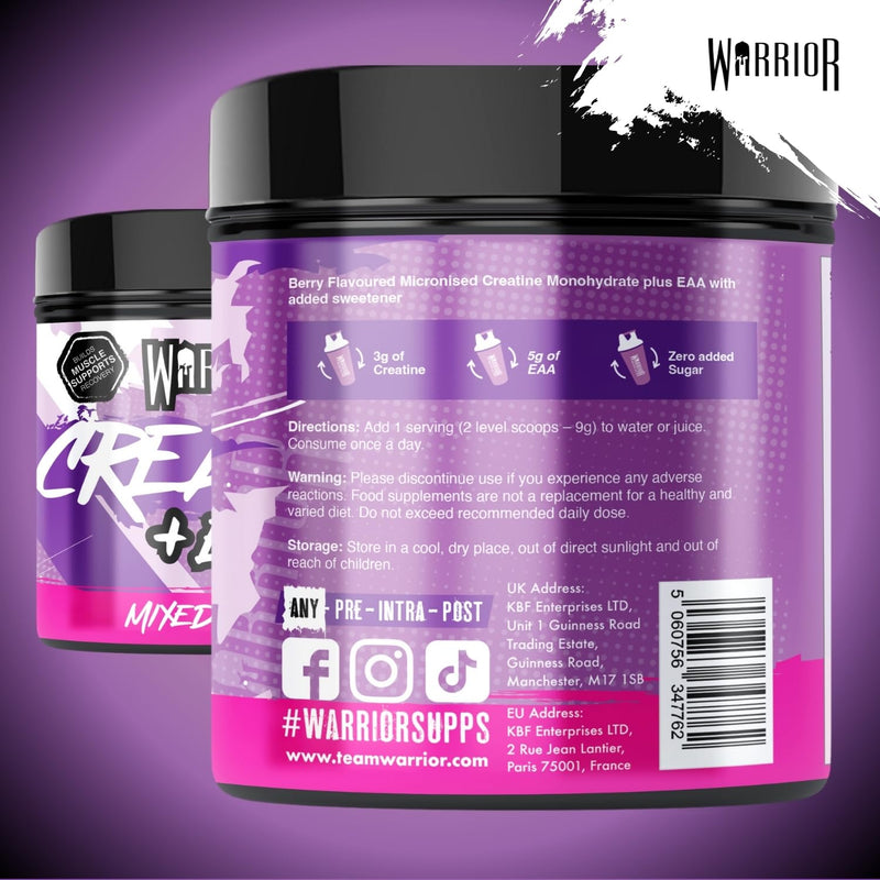 Warrior Creatine Monohydrate Powder + EAA 270g (30 Servings) – Pure Creatine with Essential Amino Acid Supplements for Muscle Recovery & Growth, Pre & Post Workout for Men & Women – Mixed Berry