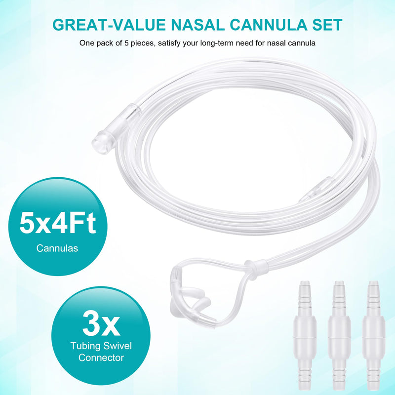 [Australia] - 5 Pack Cannula Nasal 4 FT Super Soft Nasal Cannula Tubing for Oxygen Nose Tubing - High Flow, Kink Resistant, Highly Visible, Lightweight Tubing with 3 Pack Oxygen Tubing Connector Transparent - 4ft 