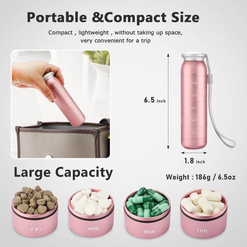Weekly Pill Organizer, Portable Travel 7 Day, Waterproof Container, Large, Aluminum, Metal, Hold Vitamins, Cod Liver Oil, Supplements and Medications (Pink) Pink
