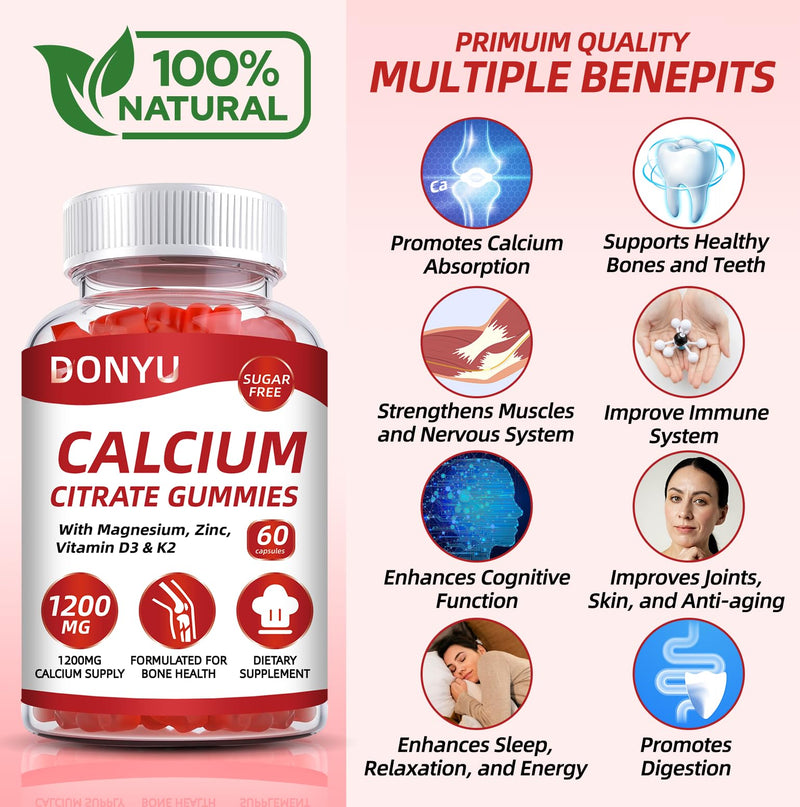 Calcium Citrate 1200mg Gummies with Vitamin D3: with Calcium Magnesium Zinc Vitamin D3 K2 for Bone Muscle Immune - Ultimate Absorption Calcium Supplement for Women & Men, Sugar-Free