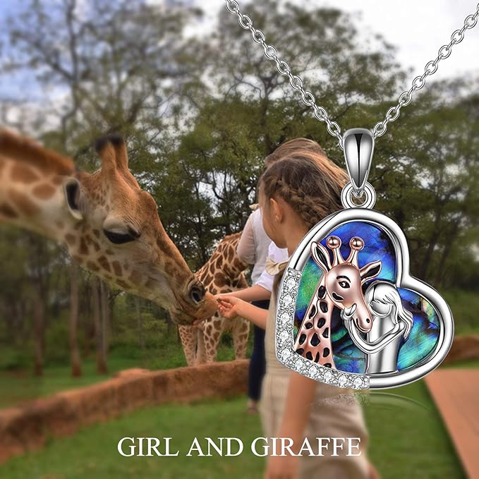 Girl with Giraffe Sterling Silver Necklace for Women Giraffe Pendant Necklaces with Crystal Cute Animal Jewellery Gifts for Women Girls