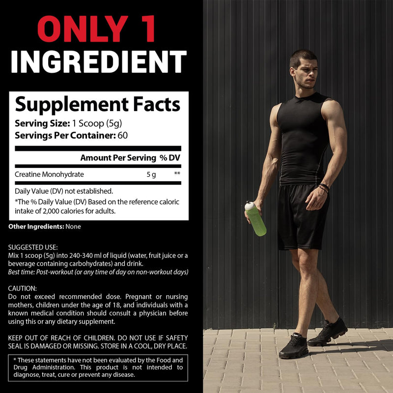 Creatine Monohydrate Micronized Powder 300g – Pure Creatine for Women & Men, 20% More Strength, Gluten-Free, Non-GMO, High Absorption Creatine Powder – 60 Servings (2 Month Supply)