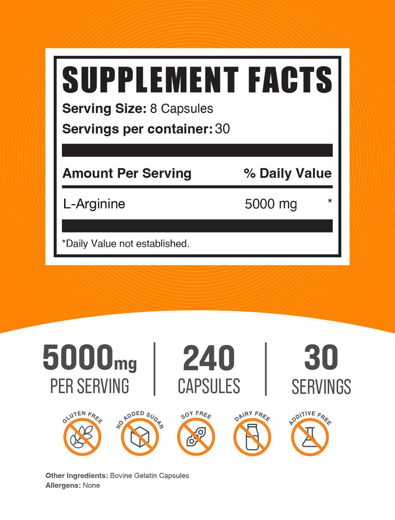 [Australia] - BulkSupplements.com L-Arginine 5000mg Capsules - Arginine Supplement, Nitric Oxide Supplement, L-Arginine Capsules - Gluten Free, 8 Capsules per Serving, 240 Capsules (Pack of 1) 