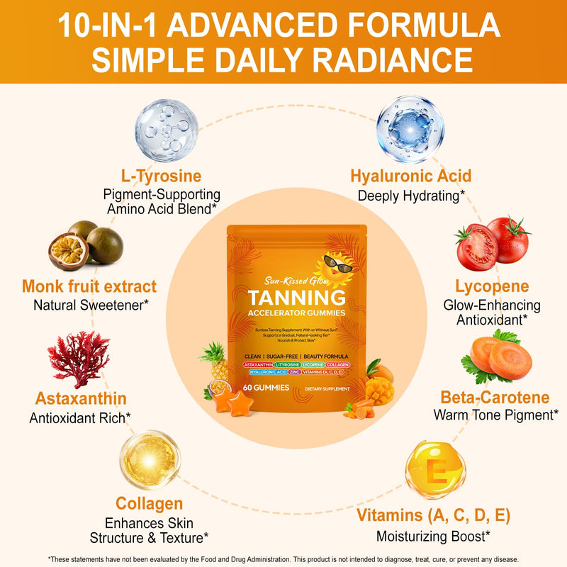 Tanning Gummies with Astaxanthin - Advanced Formula with L-Tyrosine, Beta-Carotene & Vitamins for a Sun-Kissed Glow*- Vegan, Watermelon Flavour, Sugar-Free - 60 Gummies (1-2 Month Supply)