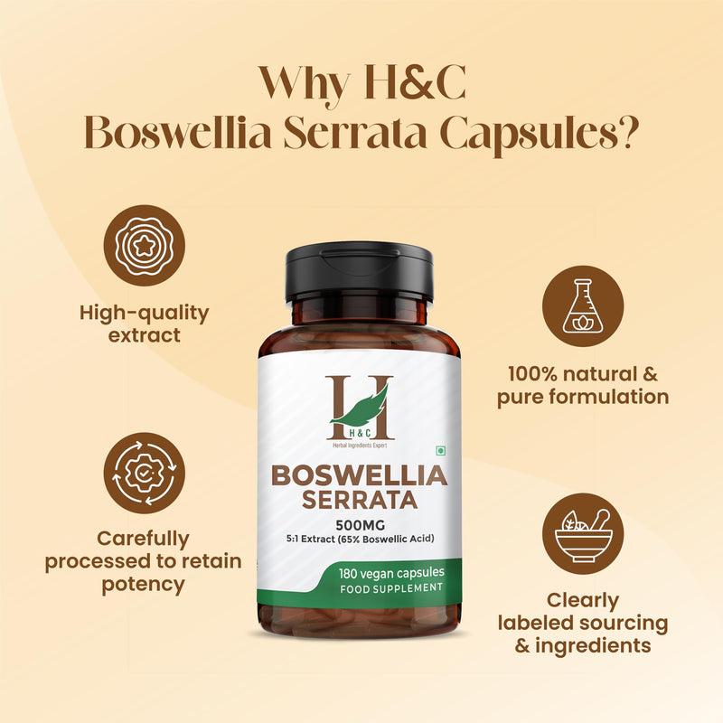 H&C Boswellia Serrata 2500mg Capsules (500mg of 5:1 High Strength Extract) | 65% Standardised Boswellic Acid | 180 Veg. Capsules - 6 Months Supply