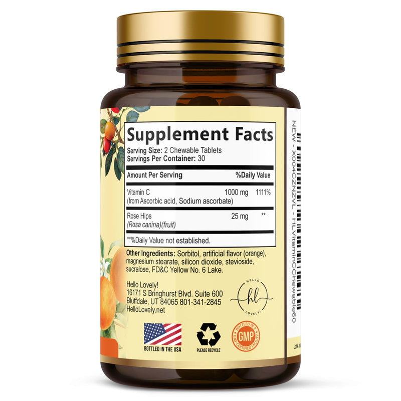 Vitamin C 1000mg Per Serving - Extra Strength with Rose Hips Bioflavonoids - Sugar Free Vitamin C Chewable Pills, Vit C Supplement for Immune Support & Antioxidant, USA Bottled - 60 Chewable Tablets 60 Count (Pack of 1)