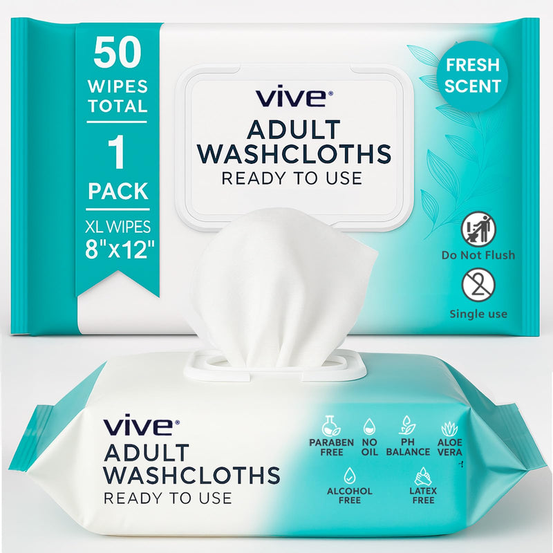 [Australia] - Vive Adult Wipes for Elderly (1 Pack - 50 Count - 8"x12") - Incontinence Disposable Washcloths for Women & Men - Shower Wipes for Bathing No Rinse, Personal Cleansing - Fresh Scent Scented 1 Pack 