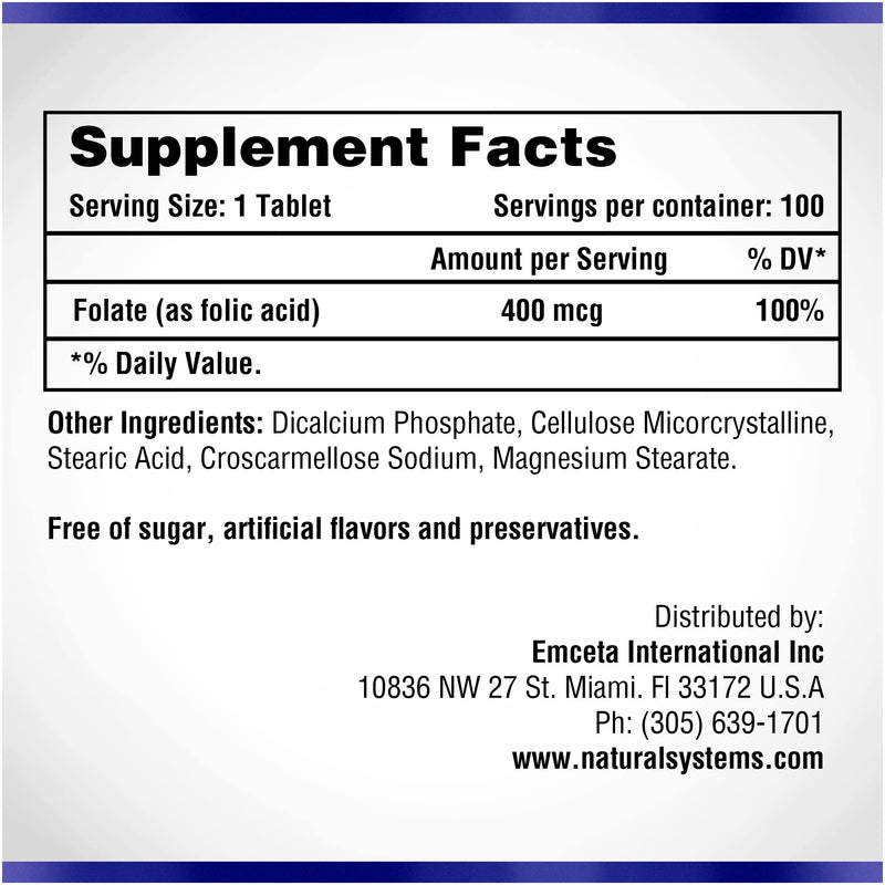 Folic Acid Supplement 100 Tablets 400 mcg by Natural Systems - Prenatal Vitamin for Women Perfect for Pregnancy - Acido Folico - Pregnancy Support Tablets - Daily Intake Prenatal Vitamins Folate