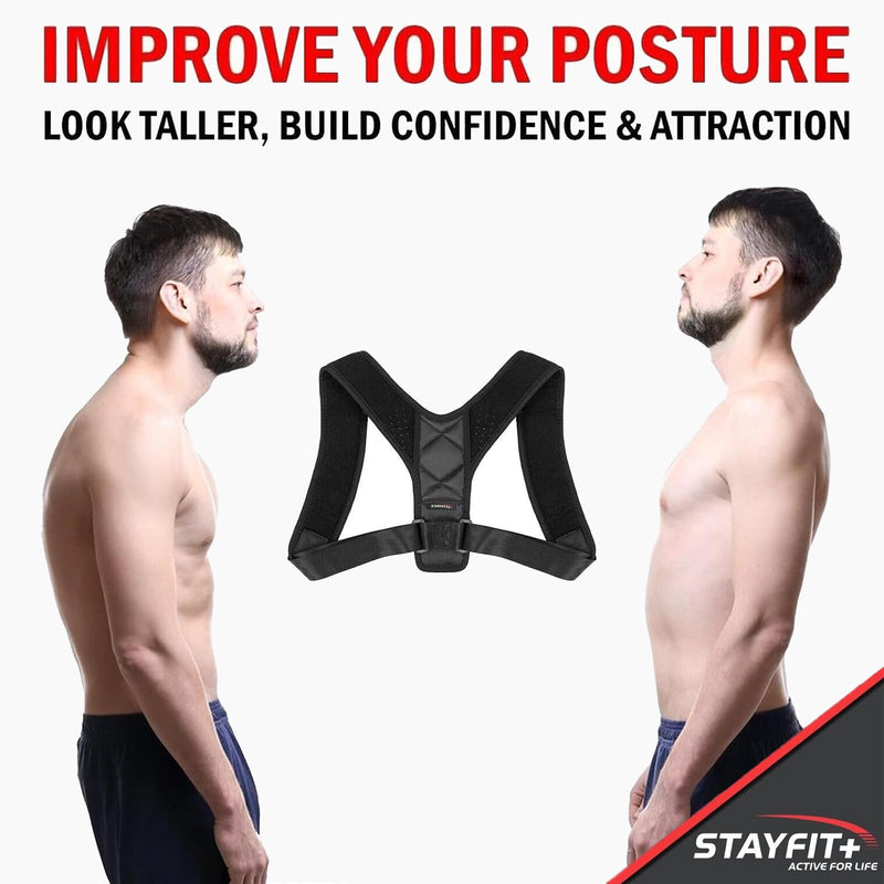 Stayfit Posture Corrector Unisex Back Brace, Adjustable Upper Back Pain Relief Support, Spine Neck Straightener Strap Black