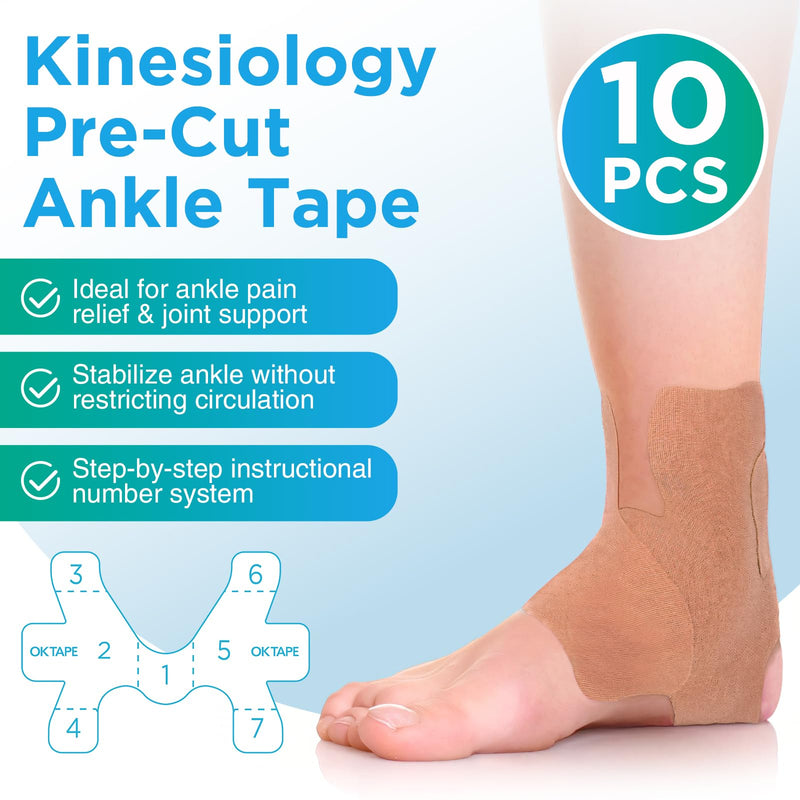 [Australia] - OK TAPE Precut Kinesiology Ankle Tape, 10 Pcs, Pain Relief, Prevent Ankle Sprain, Provide Support for Ankle Ligament, Elastic Athletic Tape, Breathable K Tape for Daily use - Beige 