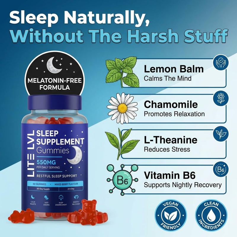 LITE LVL Sleep Gummies for Adults | High Strength with Lemon Balm, Camomile, Lavender & L-Theanine for Relaxation & Sleep Support | Aids Natural Melatonin Production | 60 Vegan & Sugar Free Gummies