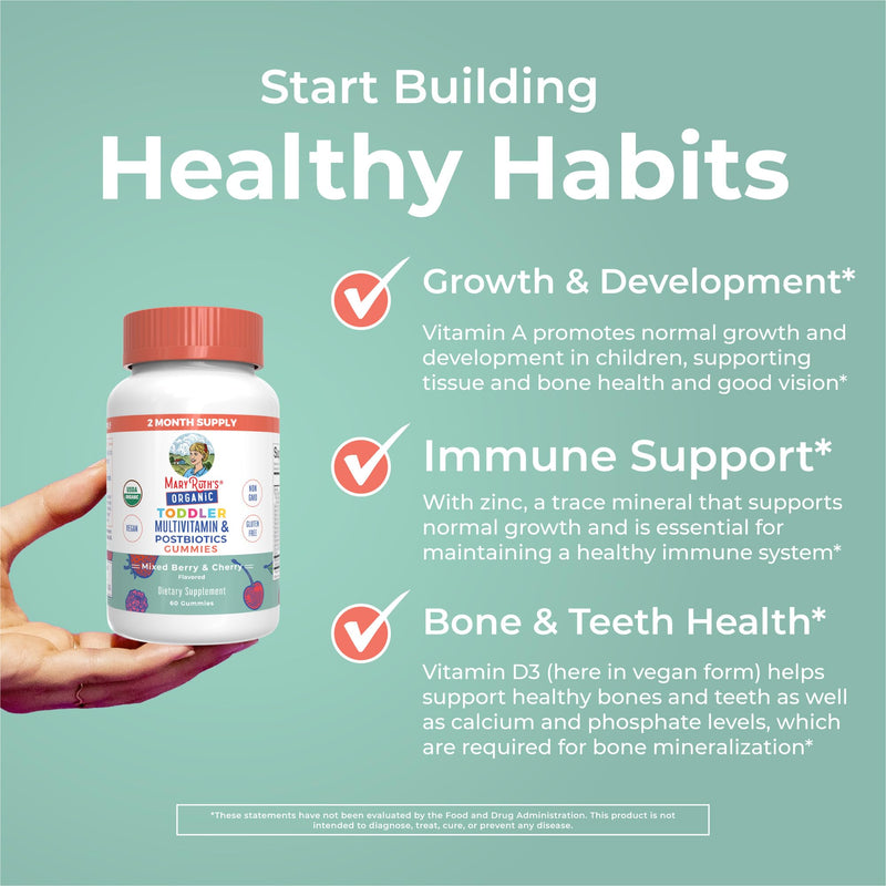 MARYRUTH'S Organic Toddler Multivitamin Gummies + Postbiotics, 60 Servings | USDA Organic, For Kids Ages 2+, Immune Support, Vitamin C, D3, A, Zinc, Vegan, Non-GMO