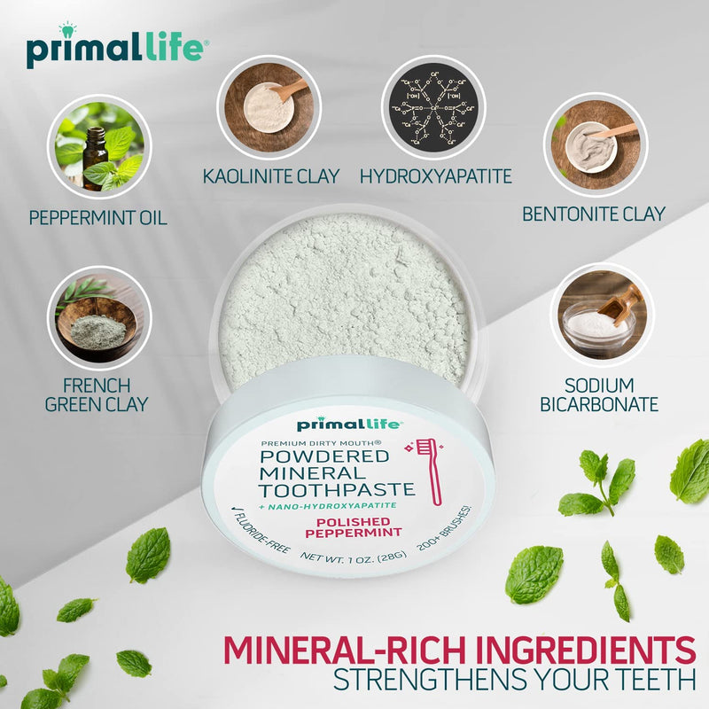 [Australia] - Primal Life Organics - Dirty Mouth Toothpowder, Tooth Cleaning Powder, Flavored Essential Oils with Natural Kaolin & Bentonite Clay, Good for 200+ Brushings, Paleo, Organic, Vegan (Peppermint, 1 oz) Peppermint 1 Ounce (Pack of 1) 
