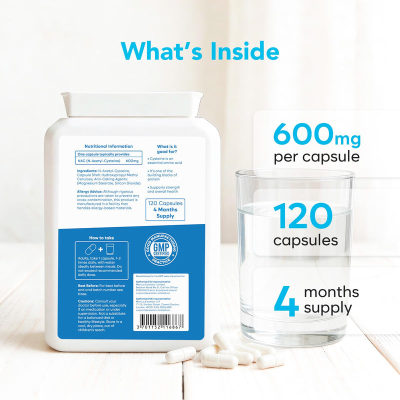 NAC Supplement N-Acetyl-Cysteine 600mg Capsules | High Strength 120 Tablets | UK Manufactured | Antioxidant, Glutathione Precursor, Immune Support | for Liver Detox & Respiratory Support