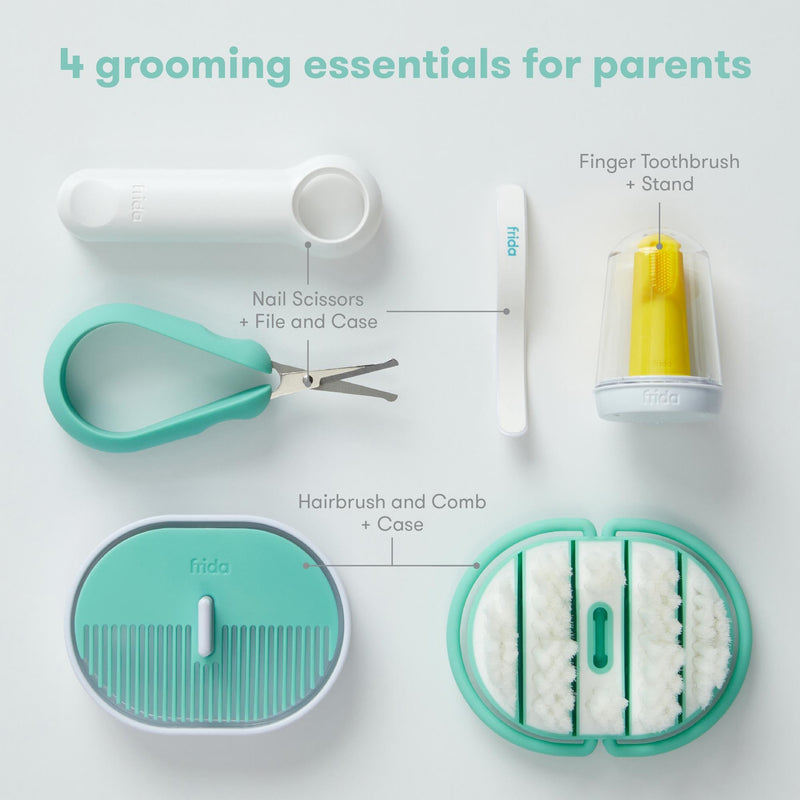 [Australia] - Frida Baby Grooming Kit | Baby Essentials Gift Set Includes Finger Brush with Storage Stand, Hair Brush with Case, Styling Hair Comb, Easy Grip Nail Scissors with Nail File and Case 