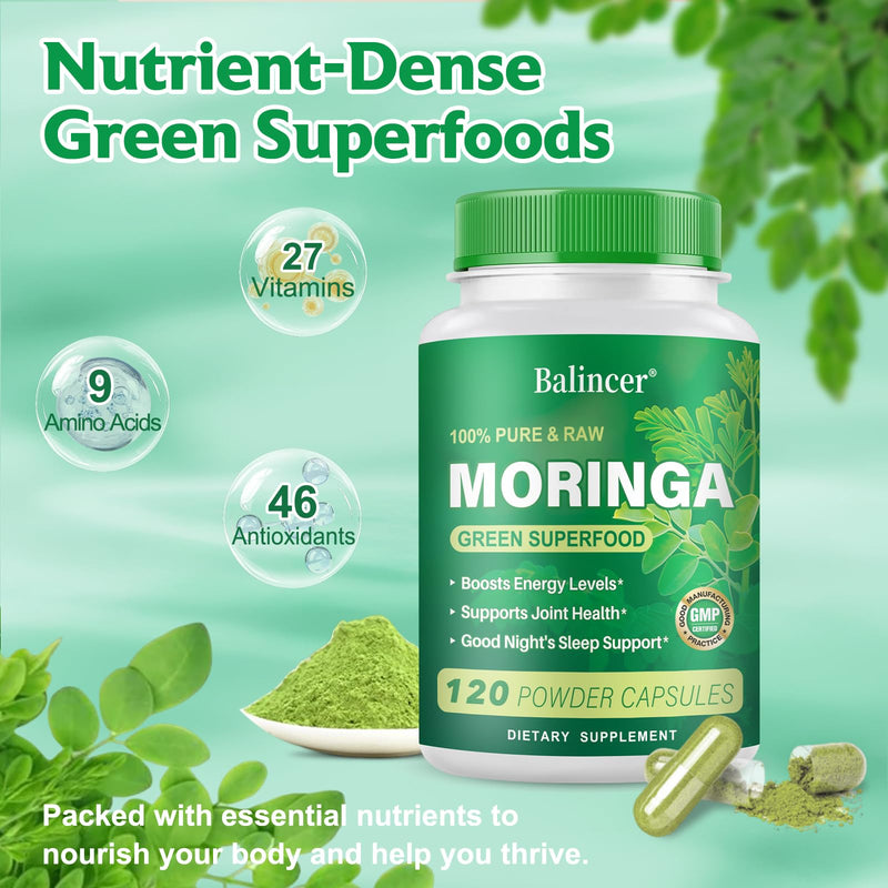 Moringa Capsules, Pure Moringa Leaf Powder Natural Green Antioxidant Superfood, High Potency Nutrient for Energy, Skin Health, Gut Health Supports, 120 Vegan Capsules 120 Count (Pack of 1)