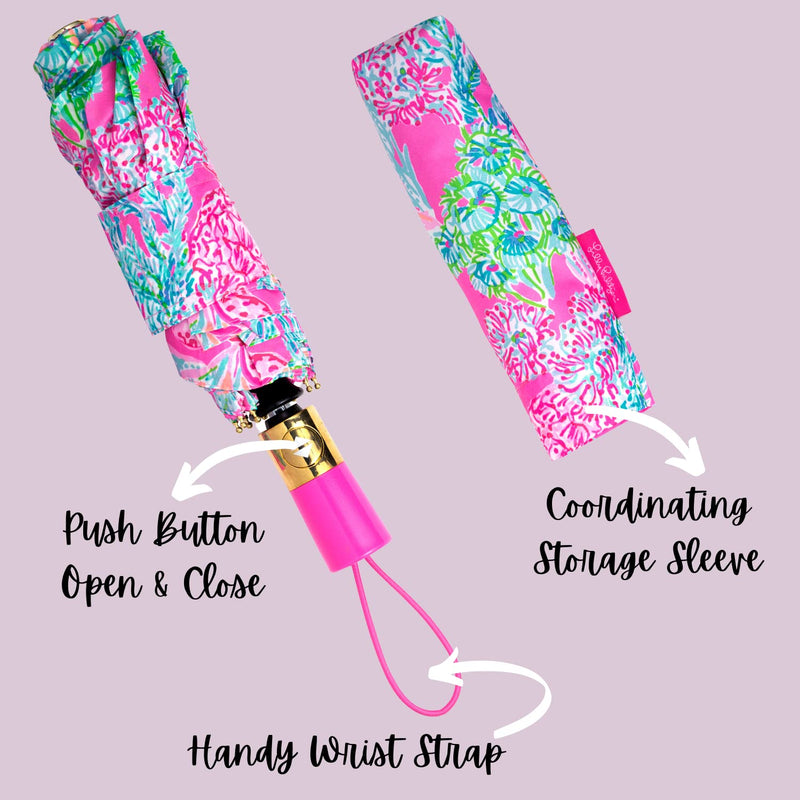 Lilly Pulitzer Travel Umbrella Compact, Cute Umbrella with Automatic Open and Storage Sleeve, Folding Umbrella for Rain or Sun Protection Seaing Things